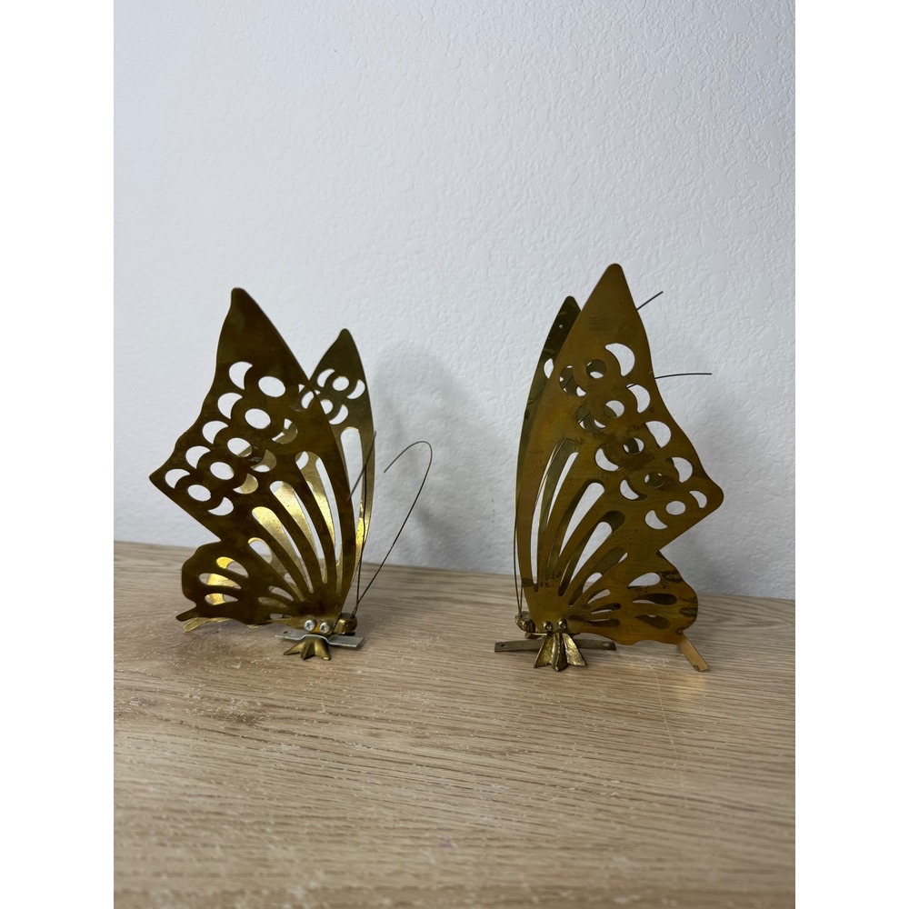 Vintage Brass Butterfly Wall Hanging Decor Set of 2 Mid Century Modern 3D Gold